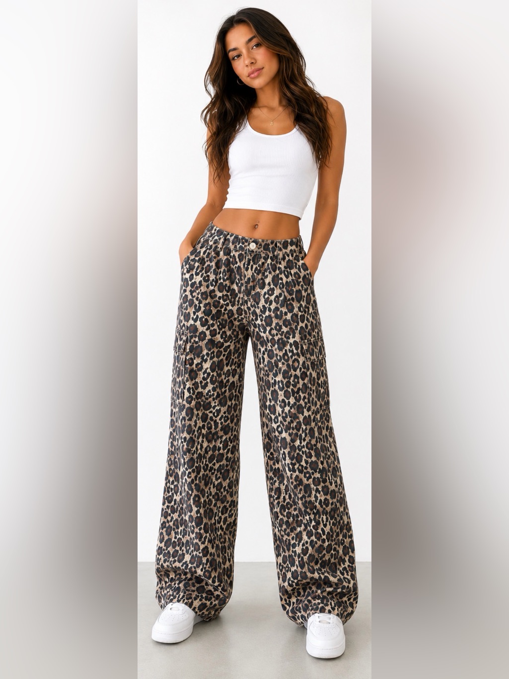 Boutique Leopard Print Wide Leg Cargo Pants Stretch Waist Size Xl